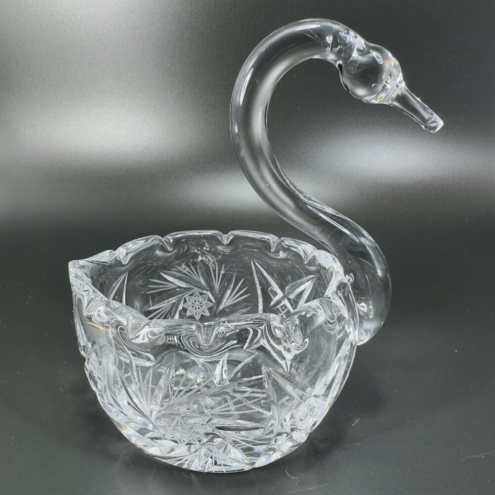 Crystal Swan Glass Candy Dish - Clear Cut Glass